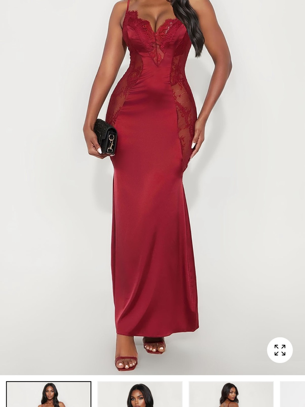 Fashion Nova Burgundy Lace-Trim Satin Maxi Dress
